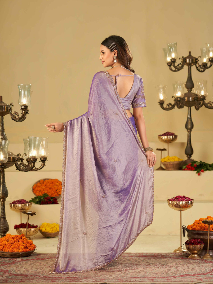 Lavender Designer Fendy Satin Saree with Heavy Embroidered Blouse & Sequin Border | Premium Wedding & Festive Wear Saree