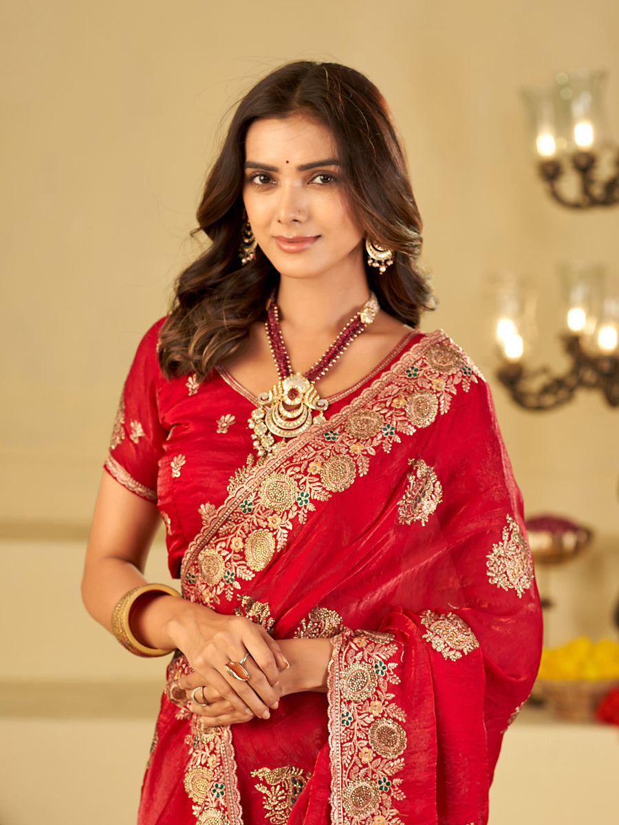 Rani Pink Designer Fendy Satin Saree with Heavy Embroidery Work | Premium Wedding Party Wear Saree with Embroidered Border & Blouse
