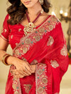 Rani Pink Designer Fendy Satin Saree with Heavy Embroidery Work | Premium Wedding Party Wear Saree with Embroidered Border & Blouse