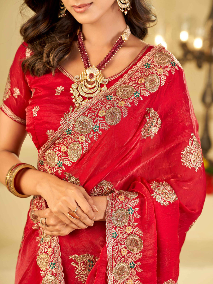 Rani Pink Designer Fendy Satin Saree with Heavy Embroidery Work | Premium Wedding Party Wear Saree with Embroidered Border & Blouse