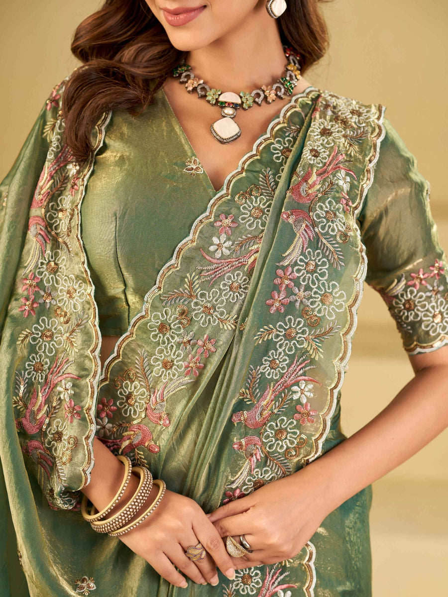Sage Green Fendy Satin Saree with Floral Embroidery Border | Designer Party Wear Embroidered Saree with Blouse