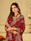 Wine Red Designer Fendy Satin Saree with Heavy Floral Embroidery Work | Premium Wedding & Festive Wear Embroidered Saree with Blouse