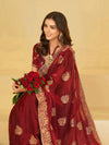 Wine Red Designer Fendy Satin Saree with Heavy Floral Embroidery Work | Premium Wedding & Festive Wear Embroidered Saree with Blouse