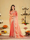 Peach Pink Fendy Satin Saree with Floral Embroidery Border | Designer Embroidered Party Wear Saree with Blouse