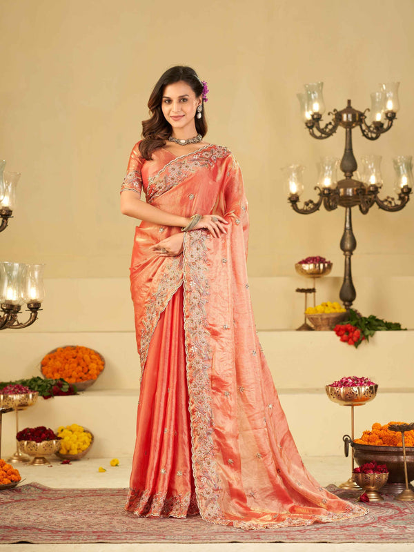 Peach Pink Fendy Satin Saree with Floral Embroidery Border | Designer Embroidered Party Wear Saree with Blouse