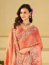Peach Pink Fendy Satin Saree with Floral Embroidery Border | Designer Embroidered Party Wear Saree with Blouse