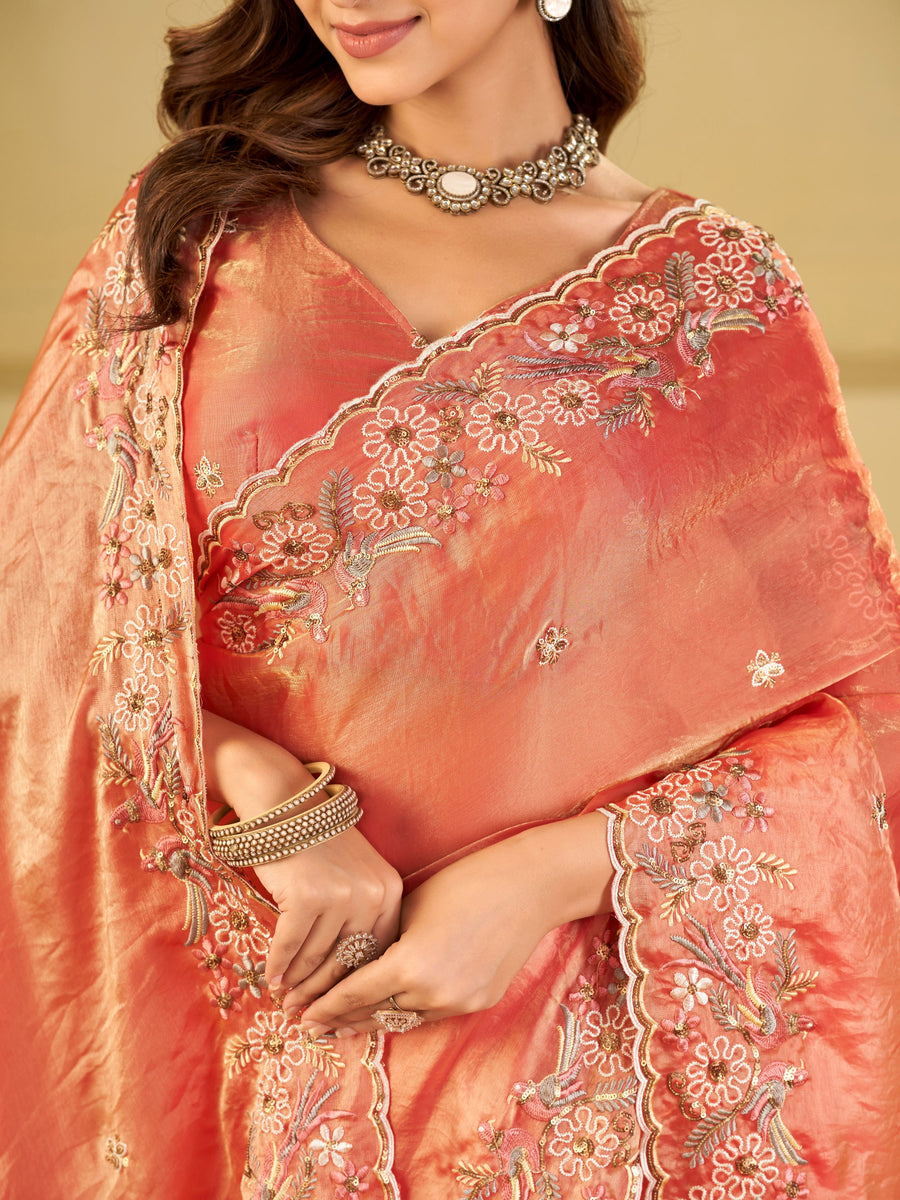 Peach Pink Fendy Satin Saree with Floral Embroidery Border | Designer Embroidered Party Wear Saree with Blouse