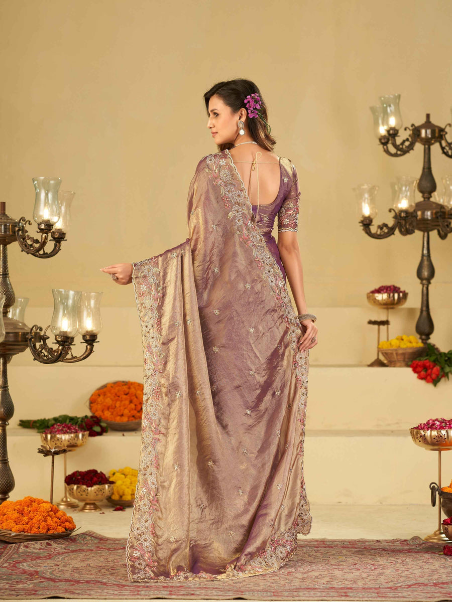 Lavender Purple Fendy Satin Saree with Floral Embroidery Border | Designer Party Wear Embroidered Saree with Blouse
