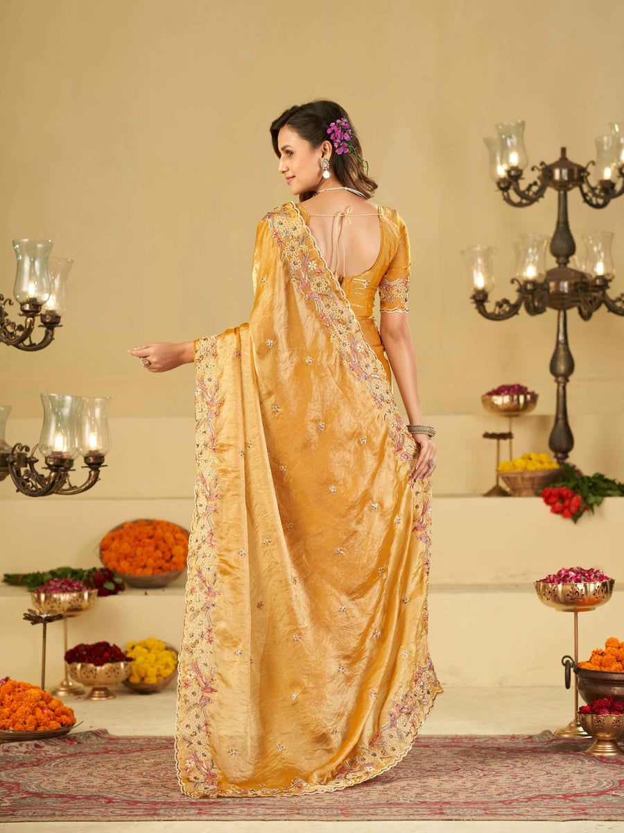 Mustard Yellow Fendy Satin Saree with Floral Embroidery Border | Designer Embroidered Party Wear Saree with Blouse