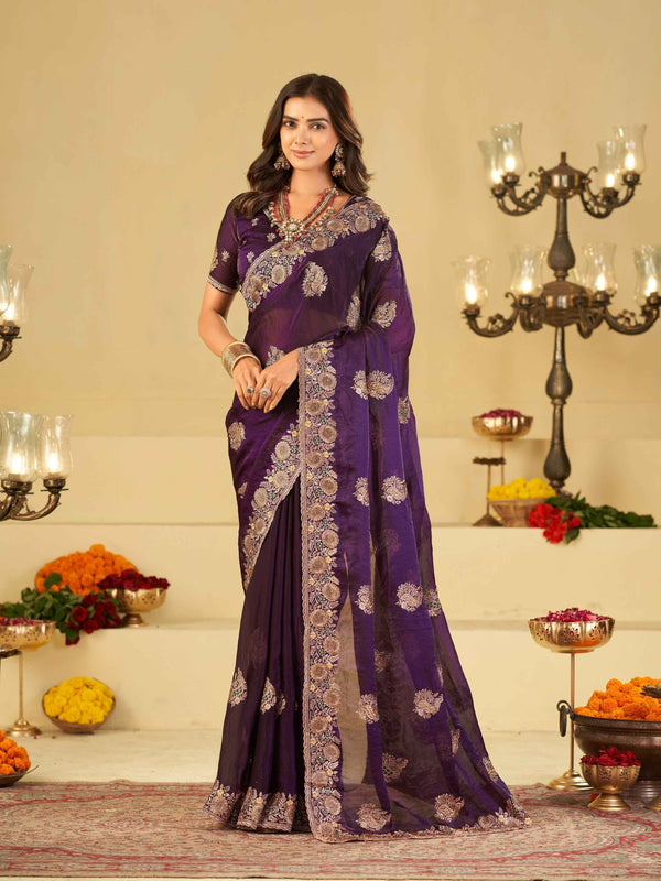 Royal Purple Designer Fendy Satin Saree with Heavy Floral Embroidery Work | Premium Wedding & Party Wear Embroidered Saree with Blouse