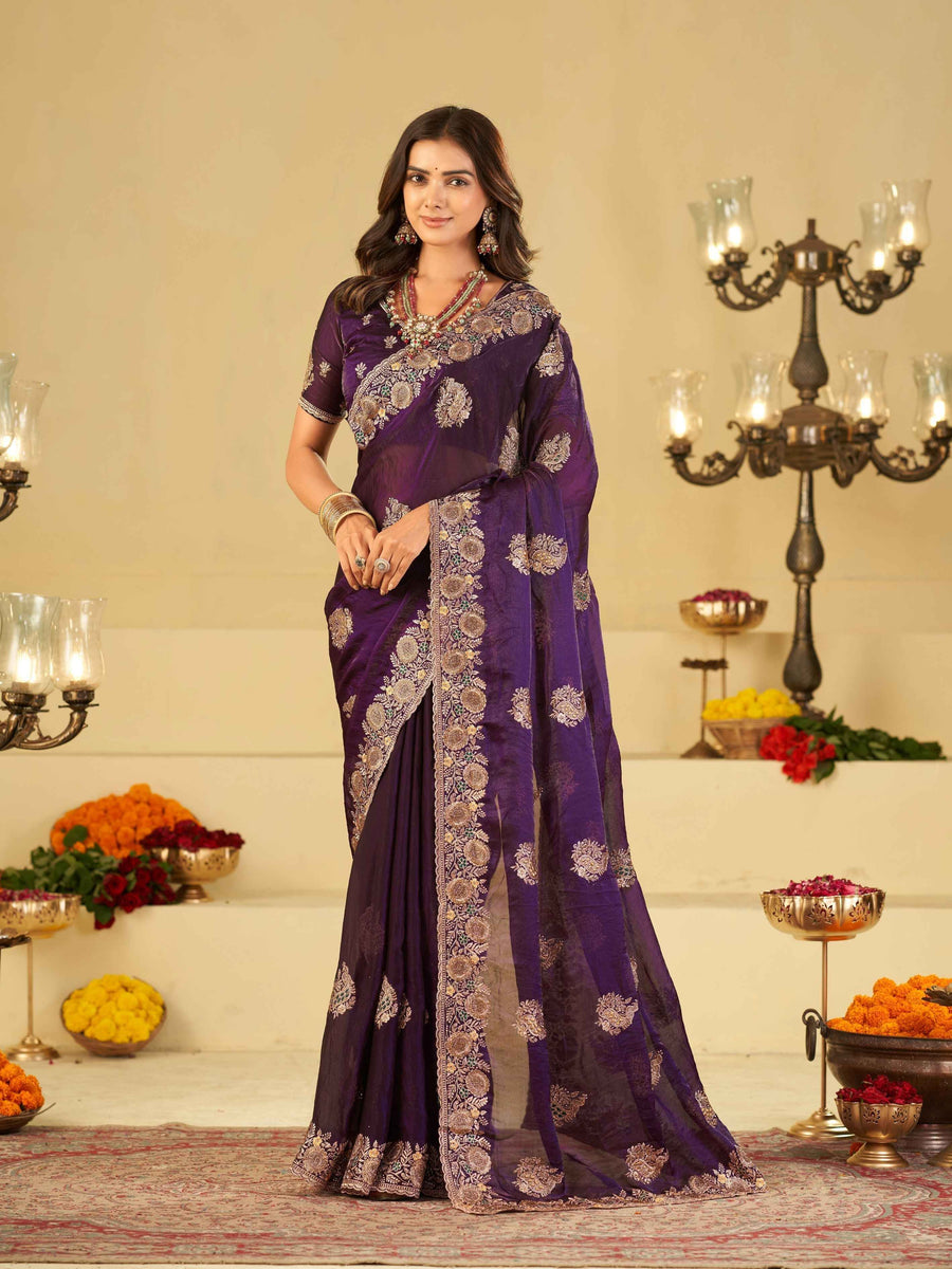 Royal Purple Designer Fendy Satin Saree with Heavy Floral Embroidery Work | Premium Wedding & Party Wear Embroidered Saree with Blouse