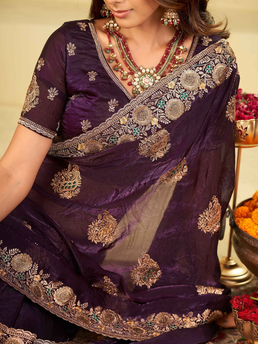Royal Purple Designer Fendy Satin Saree with Heavy Floral Embroidery Work | Premium Wedding & Party Wear Embroidered Saree with Blouse