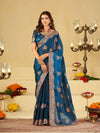 Royal Blue Designer Fendy Satin Saree with Heavy Floral Embroidery Work | Premium Party Wear Wedding Saree with Embroidered Border & Blouse