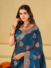 Royal Blue Designer Fendy Satin Saree with Heavy Floral Embroidery Work | Premium Party Wear Wedding Saree with Embroidered Border & Blouse