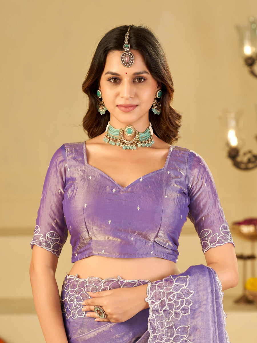 Lavender Fendy Satin Saree with White Floral Embroidery Border | Designer Party Wear Saree with Blouse
