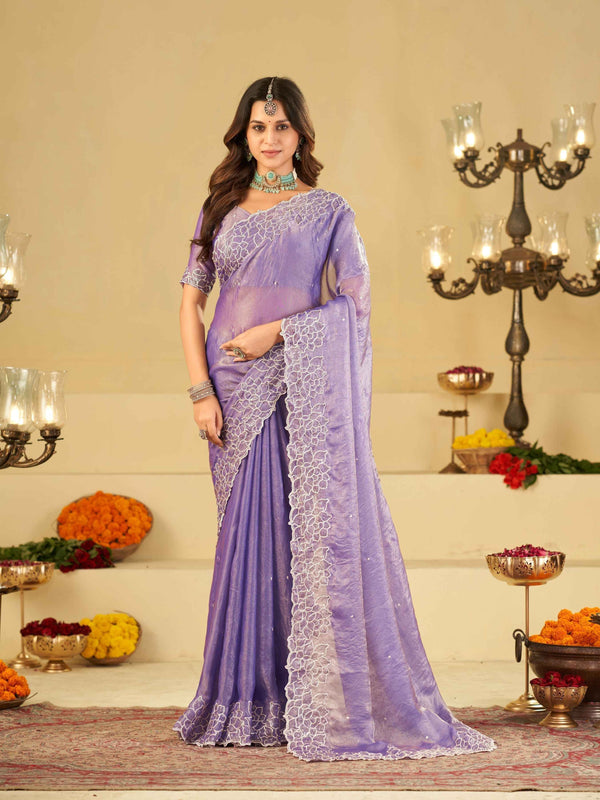 Lavender Fendy Satin Saree with White Floral Embroidery Border | Designer Party Wear Saree with Blouse