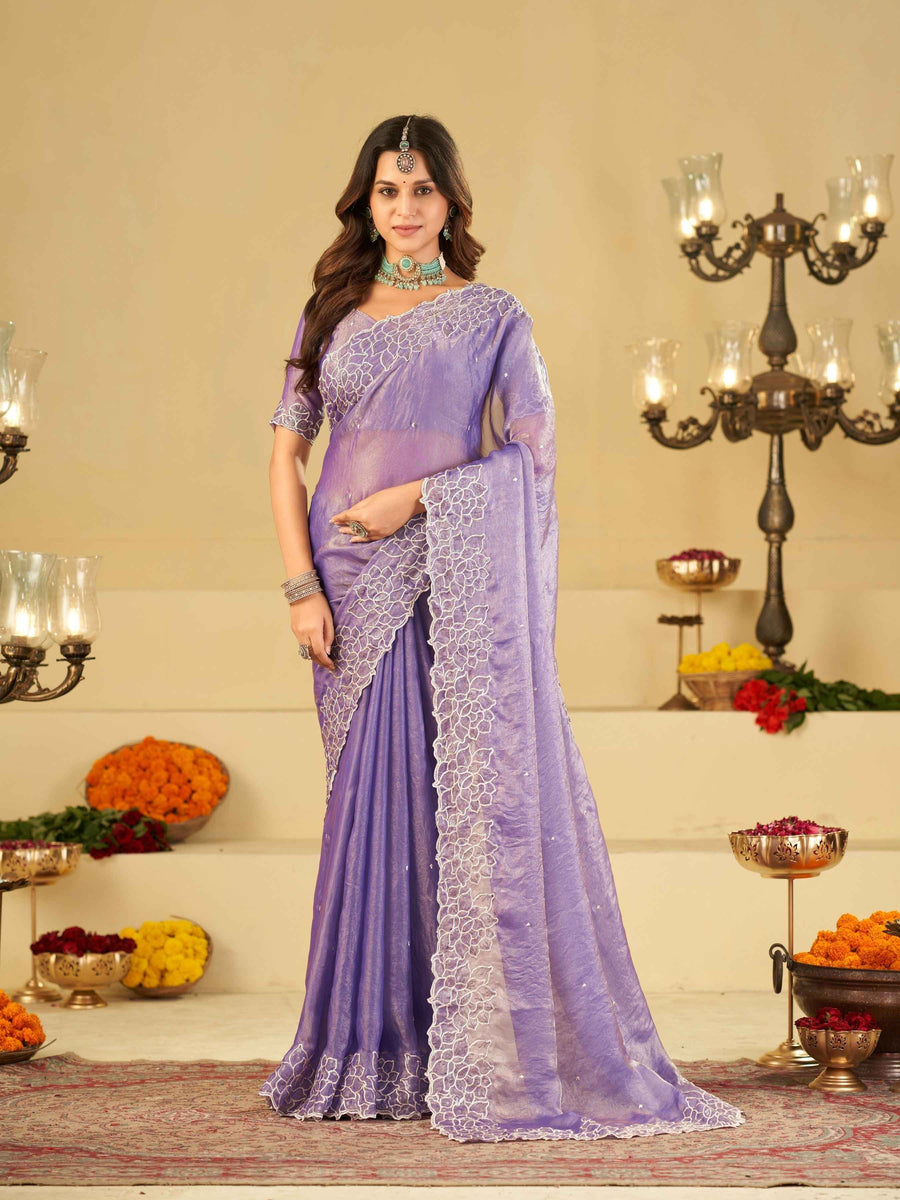 Lavender Fendy Satin Saree with White Floral Embroidery Border | Designer Party Wear Saree with Blouse