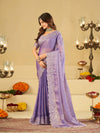 Lavender Fendy Satin Saree with White Floral Embroidery Border | Designer Party Wear Saree with Blouse