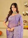 Lavender Fendy Satin Saree with White Floral Embroidery Border | Designer Party Wear Saree with Blouse