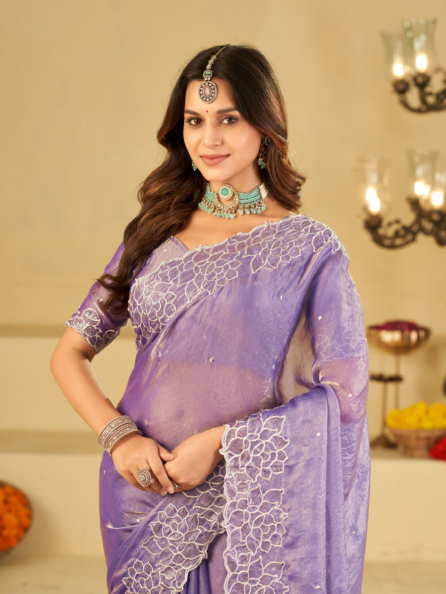 Lavender Fendy Satin Saree with White Floral Embroidery Border | Designer Party Wear Saree with Blouse