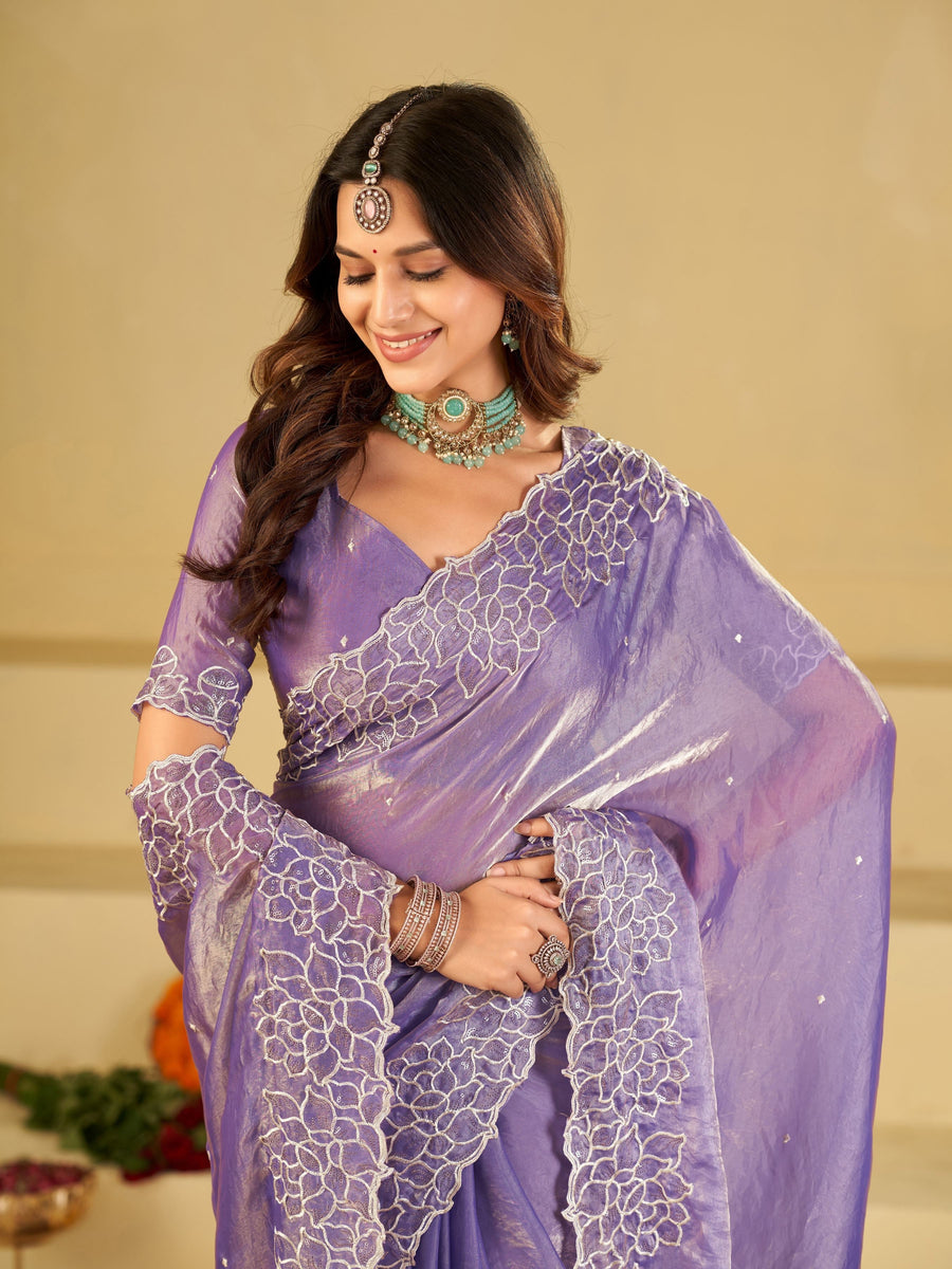 Lavender Fendy Satin Saree with White Floral Embroidery Border | Designer Party Wear Saree with Blouse