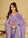 Lavender Fendy Satin Saree with White Floral Embroidery Border | Designer Party Wear Saree with Blouse