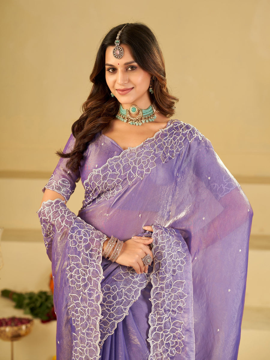 Lavender Fendy Satin Saree with White Floral Embroidery Border | Designer Party Wear Saree with Blouse