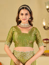 Pista Green Fendy Satin Saree with White Floral Embroidery Border | Designer Festive Wear Saree with Blouse