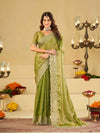 Pista Green Fendy Satin Saree with White Floral Embroidery Border | Designer Festive Wear Saree with Blouse