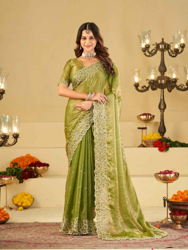 Pista Green Fendy Satin Saree with White Floral Embroidery Border | Designer Festive Wear Saree with Blouse