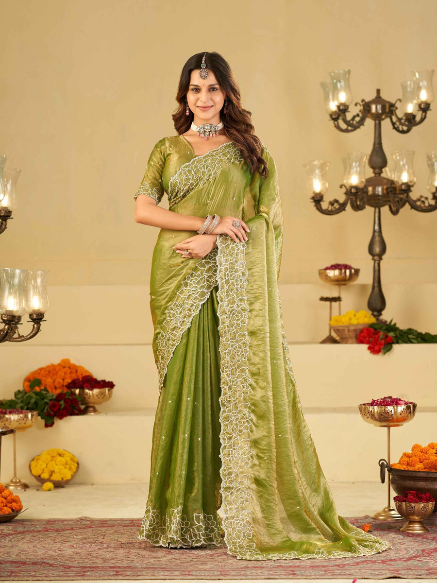 Pista Green Fendy Satin Saree with White Floral Embroidery Border | Designer Festive Wear Saree with Blouse