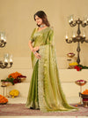 Pista Green Fendy Satin Saree with White Floral Embroidery Border | Designer Festive Wear Saree with Blouse
