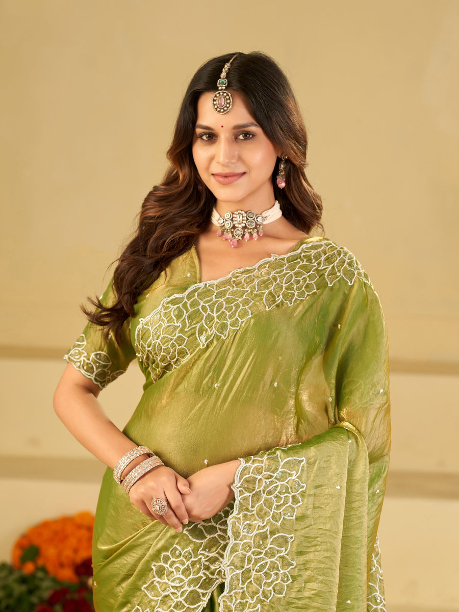 Pista Green Fendy Satin Saree with White Floral Embroidery Border | Designer Festive Wear Saree with Blouse