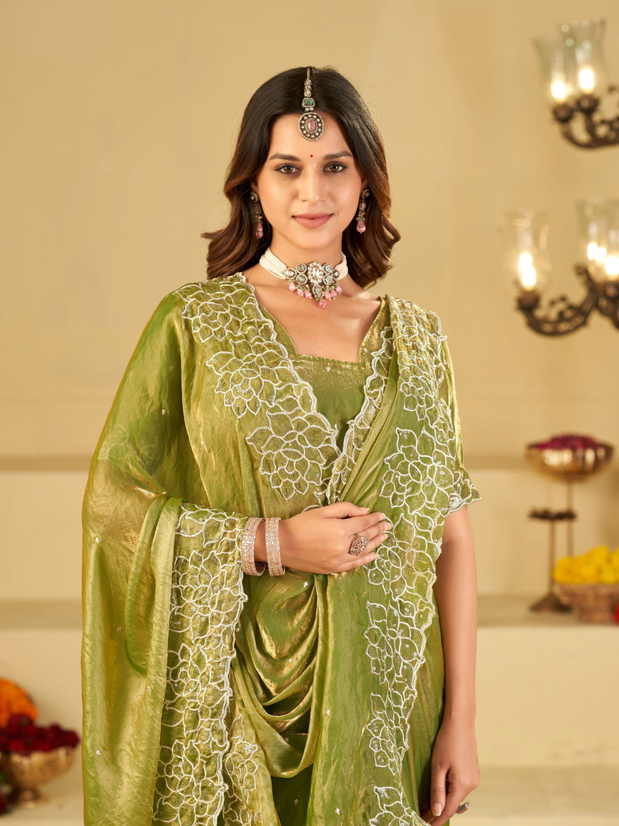 Pista Green Fendy Satin Saree with White Floral Embroidery Border | Designer Festive Wear Saree with Blouse
