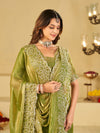 Pista Green Fendy Satin Saree with White Floral Embroidery Border | Designer Festive Wear Saree with Blouse