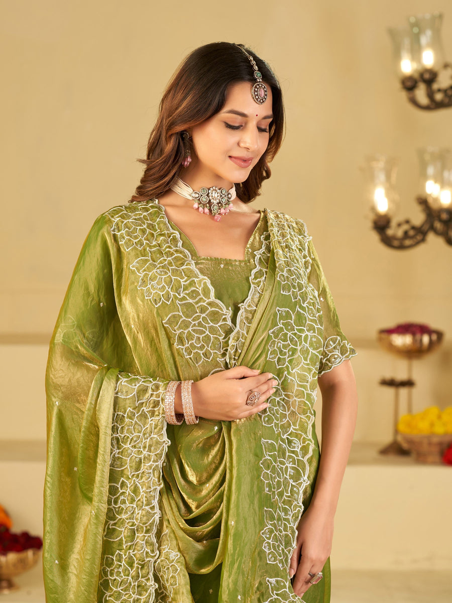 Pista Green Fendy Satin Saree with White Floral Embroidery Border | Designer Festive Wear Saree with Blouse