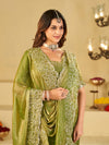 Pista Green Fendy Satin Saree with White Floral Embroidery Border | Designer Festive Wear Saree with Blouse