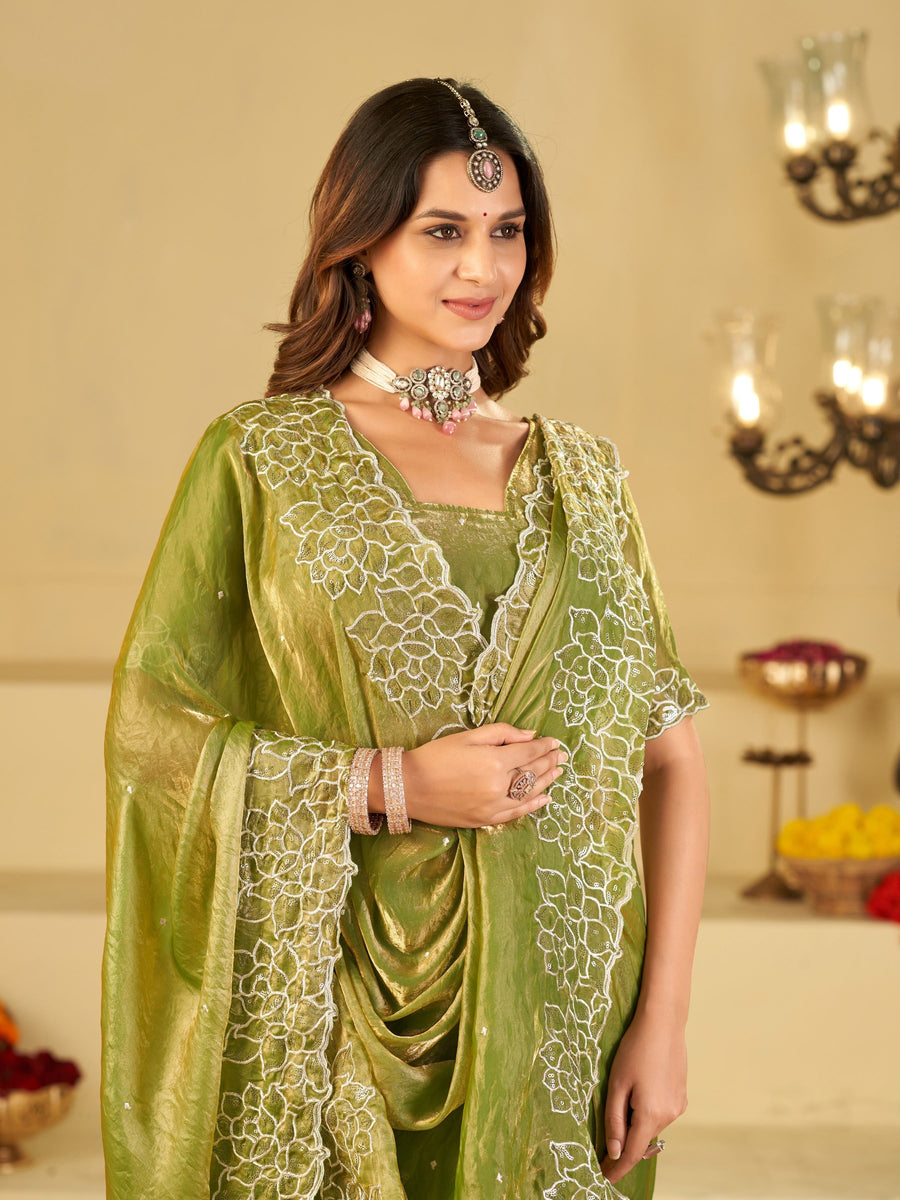 Pista Green Fendy Satin Saree with White Floral Embroidery Border | Designer Festive Wear Saree with Blouse