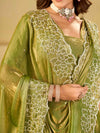 Pista Green Fendy Satin Saree with White Floral Embroidery Border | Designer Festive Wear Saree with Blouse