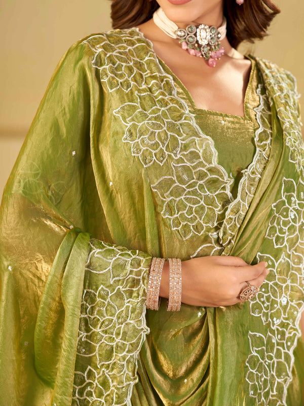 Pista Green Fendy Satin Saree with White Floral Embroidery Border | Designer Festive Wear Saree with Blouse