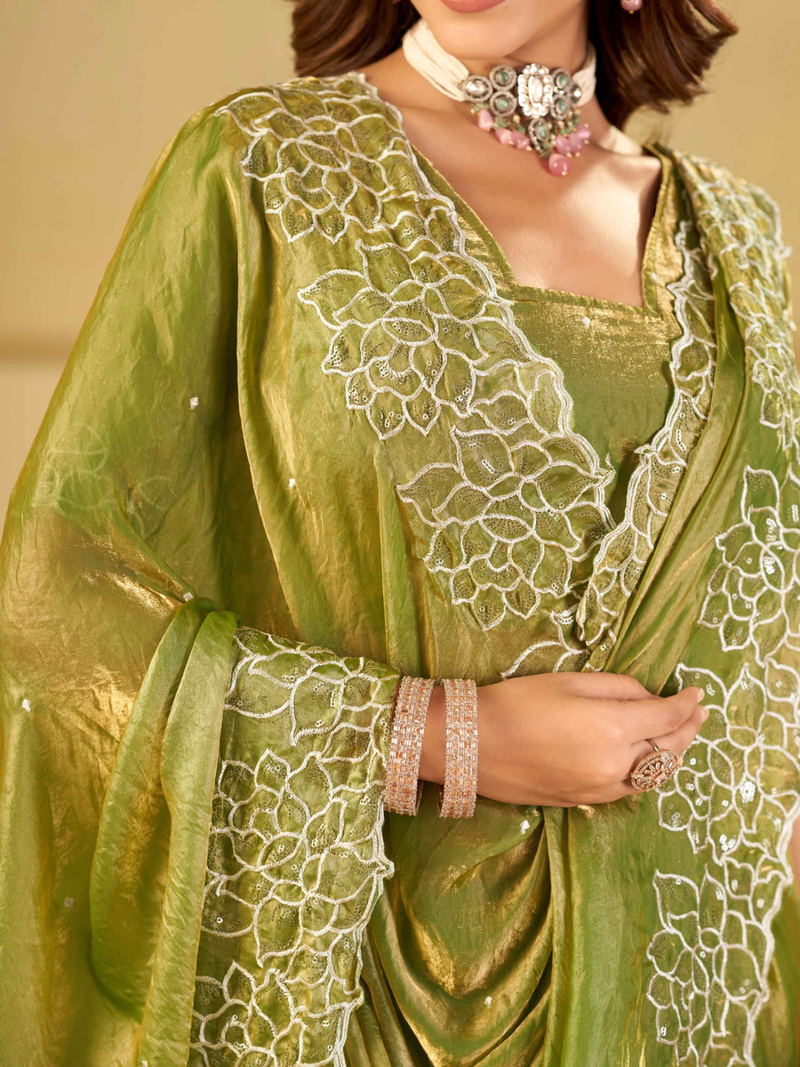 Pista Green Fendy Satin Saree with White Floral Embroidery Border | Designer Festive Wear Saree with Blouse