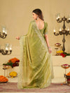 Pista Green Fendy Satin Saree with White Floral Embroidery Border | Designer Festive Wear Saree with Blouse