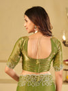 Pista Green Fendy Satin Saree with White Floral Embroidery Border | Designer Festive Wear Saree with Blouse