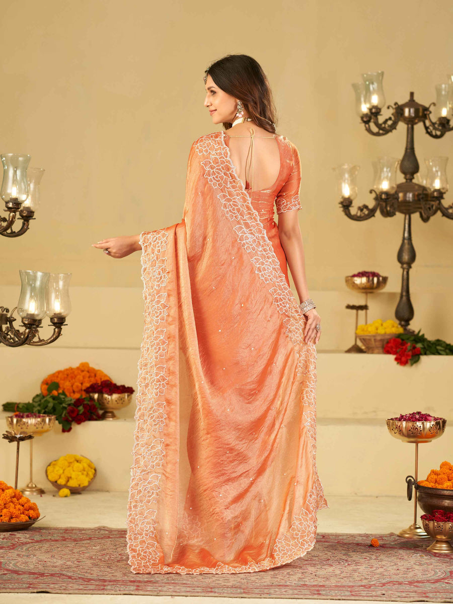 Peach Orange Fendy Satin Saree with White Floral Embroidery Border | Designer Festive Wear Saree with Blouse