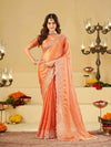 Peach Orange Fendy Satin Saree with White Floral Embroidery Border | Designer Festive Wear Saree with Blouse