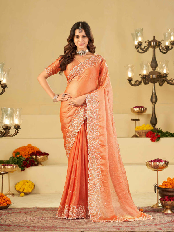 Peach Orange Fendy Satin Saree with White Floral Embroidery Border | Designer Festive Wear Saree with Blouse