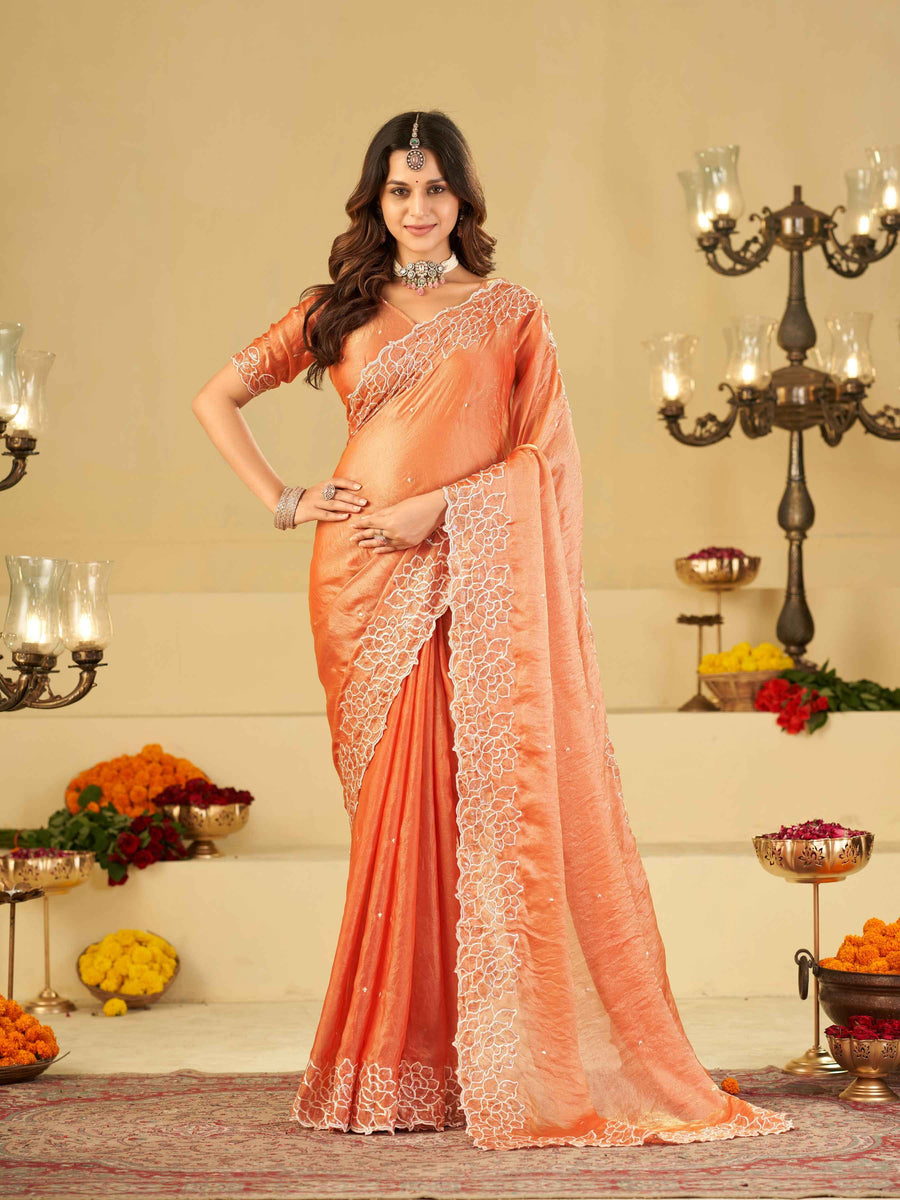 Peach Orange Fendy Satin Saree with White Floral Embroidery Border | Designer Festive Wear Saree with Blouse