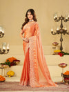 Peach Orange Fendy Satin Saree with White Floral Embroidery Border | Designer Festive Wear Saree with Blouse