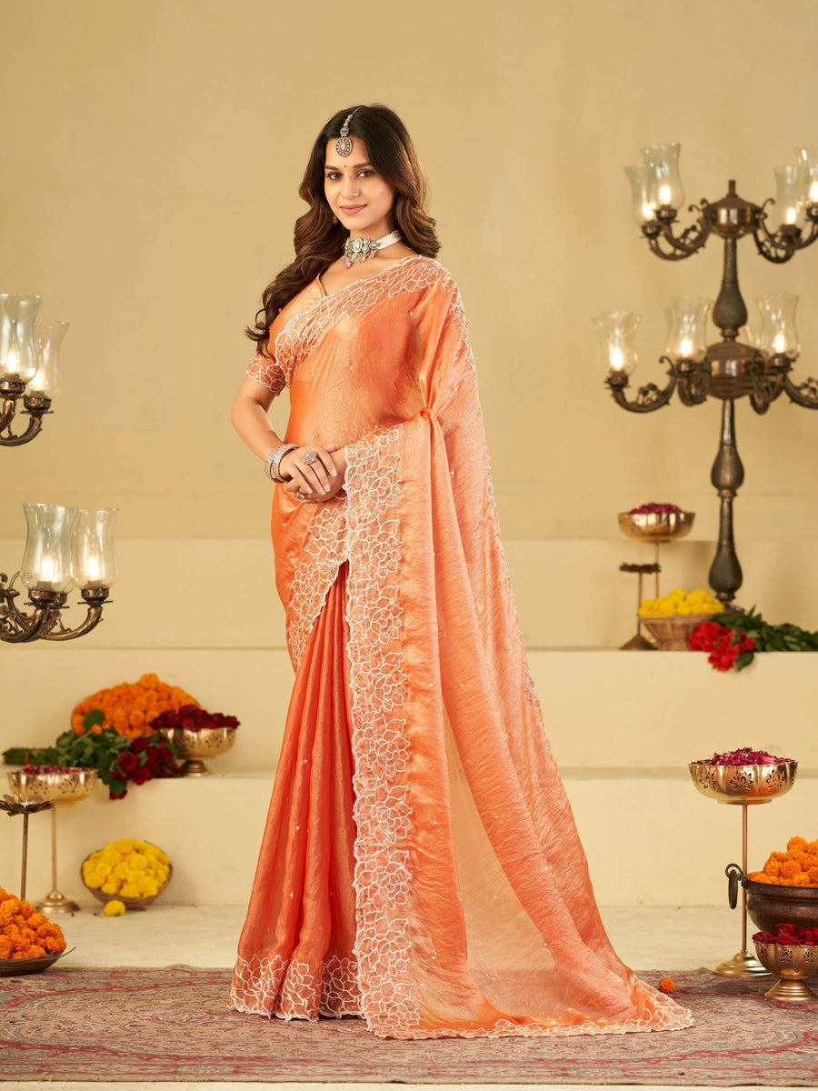 Peach Orange Fendy Satin Saree with White Floral Embroidery Border | Designer Festive Wear Saree with Blouse