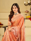 Peach Orange Fendy Satin Saree with White Floral Embroidery Border | Designer Festive Wear Saree with Blouse